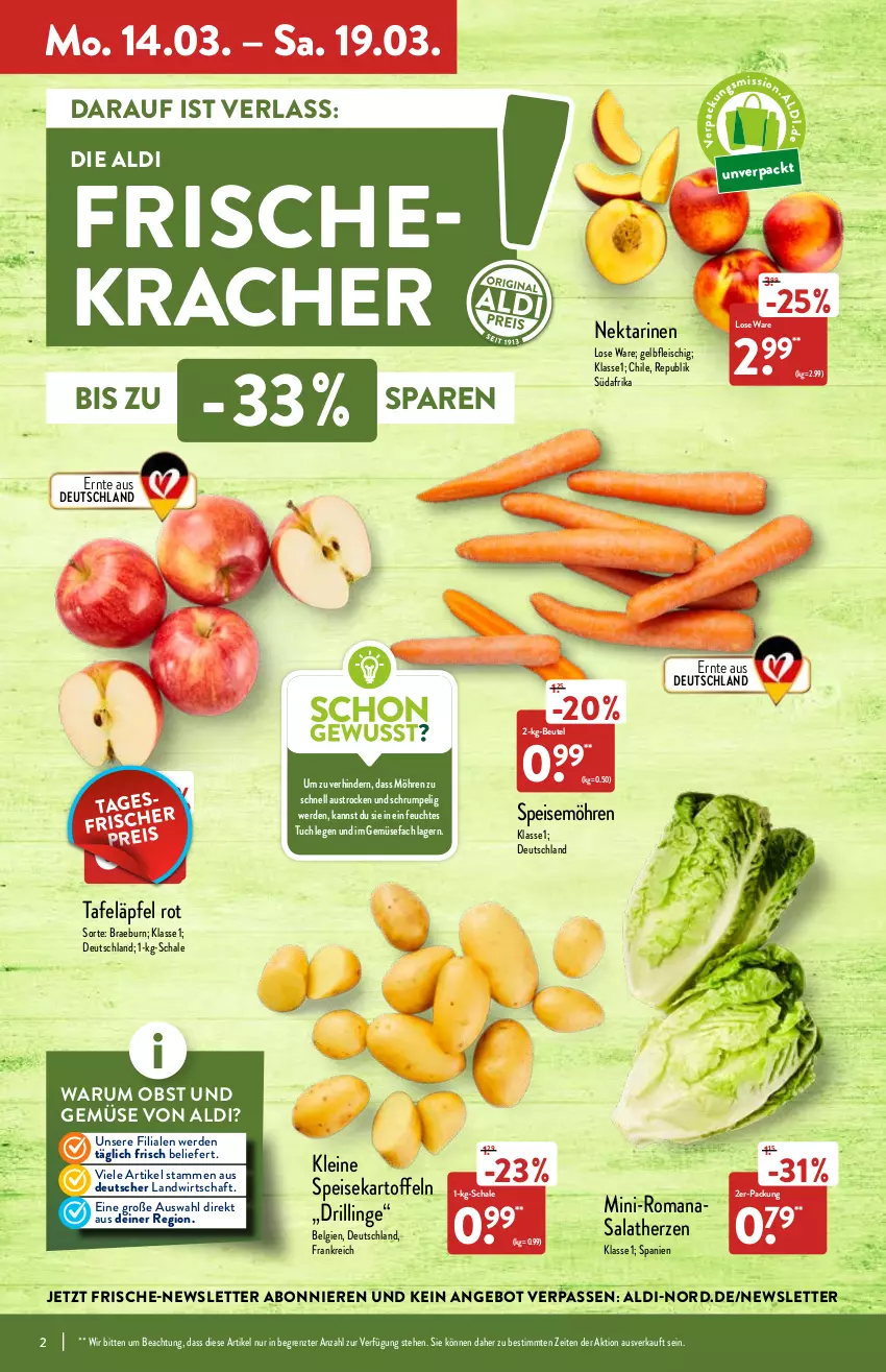 Aktueller Prospekt Aldi Nord - Aldi-Vorschau - von 14.03 bis 19.03.2022 - strona 2 - produkty: aldi, angebot, aust, beutel, eis, erde, fleisch, kartoffel, kartoffeln, kracher, leine, LG, möhren, Nektar, nektarinen, obst, Obst und Gemüse, reis, rum, salat, salatherzen, Schal, Schale, speisekartoffeln, speisemöhren, tafeläpfel, Ti, tuc, und gemüse, ZTE