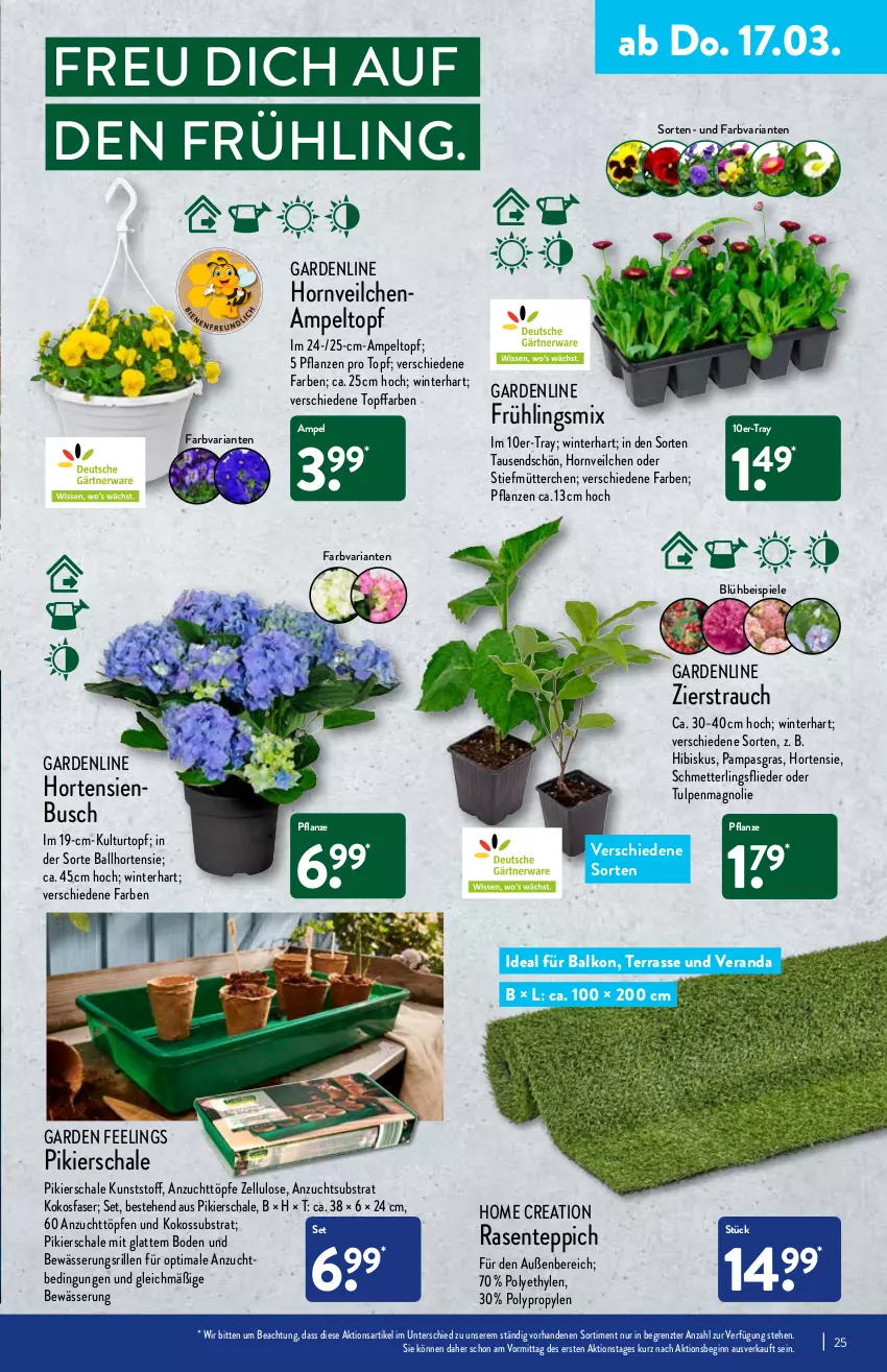 Aktueller Prospekt Aldi Nord - Aldi-Vorschau - von 14.03 bis 19.03.2022 - strona 25 - produkty: ball, Blüte, Brei, eis, ente, flieder, garden feelings, gin, hortensie, hortensien, kokos, kulturtopf, latte, Mett, pflanze, pflanzen, rasen, Rauch, Ria, rind, Schal, Schale, Schmetterling, Spiele, teppich, Ti, topf, ZTE