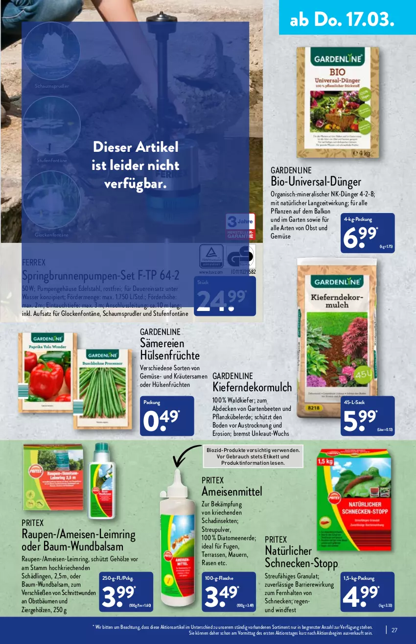 Aktueller Prospekt Aldi Nord - Aldi-Vorschau - von 14.03 bis 19.03.2022 - strona 27 - produkty: aldi, auer, aust, balsam, Bau, bio, brunnen, decke, dünger, edelstahl, eis, erde, ferrex, flasche, früchte, früchten, Garten, gin, hülsenfrüchte, Kraut, kräuter, obst, pflanze, pflanzen, rasen, Rauch, ring, Ritex, rwe, sac, sekt, senf, Ti, wasser, ZTE