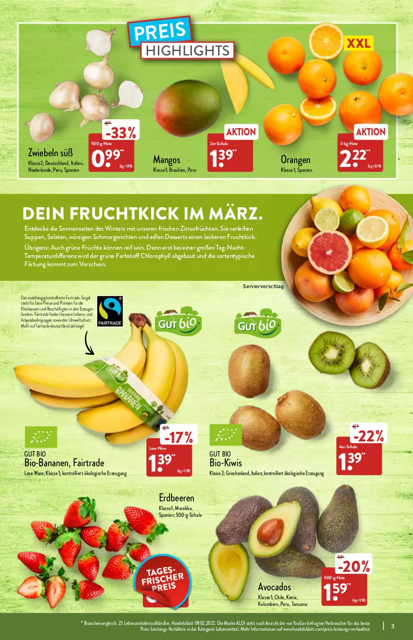 Aktueller Prospekt Aldi Nord - Aldi-Vorschau - von 14.03 bis 19.03.2022 - strona 3 - produkty: aldi, auer, avocado, avocados, banane, bananen, Bau, Bauer, beere, beeren, bio, bio-bananen, decke, dessert, desserts, eis, erdbeere, erdbeeren, frucht, früchte, früchten, kiwi, lebensmittel, mango, mangos, orange, orangen, Rauch, reis, salat, salate, Schal, Schale, suppe, suppen, Ti, trolli, Yo, zwiebel, zwiebeln