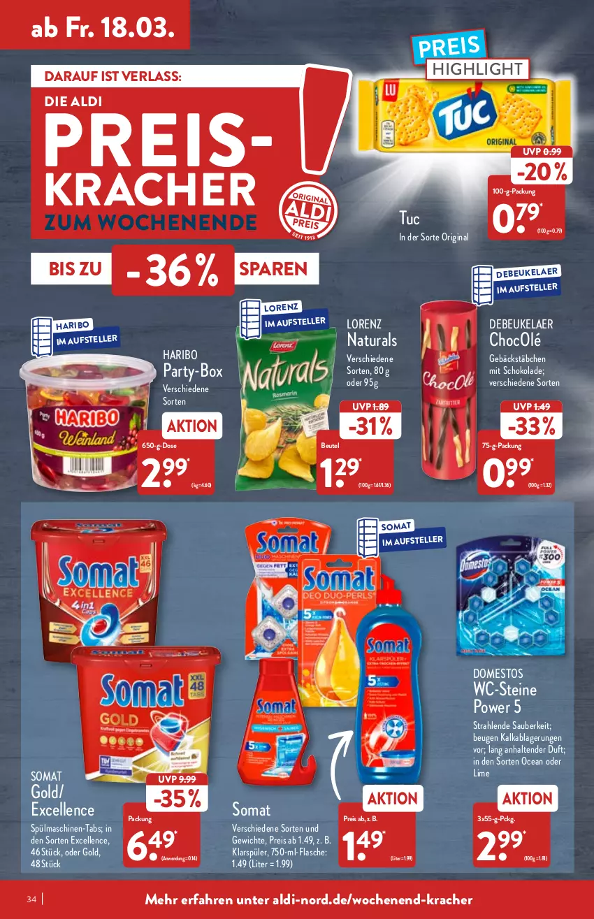 Aktueller Prospekt Aldi Nord - Aldi-Vorschau - von 14.03 bis 19.03.2022 - strona 34 - produkty: aldi, beutel, debeukelaer, domestos, eis, elle, flasche, gin, haribo, klarspüler, kracher, lorenz, natur, natura, reis, schoko, schokolade, somat, spülmaschinen, teller, tender, Ti, tuc, WC-Steine