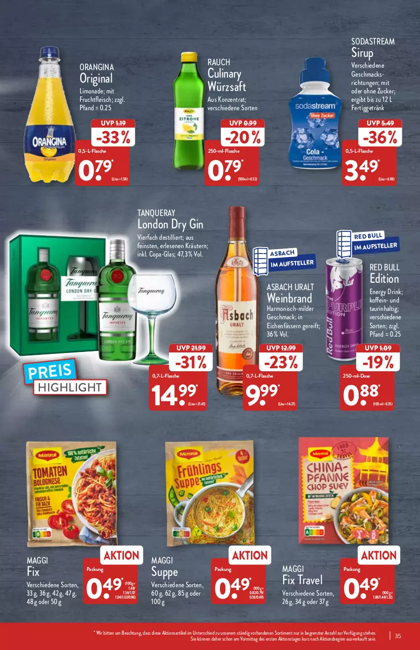 Aktueller Prospekt Aldi Nord - Aldi-Vorschau - von 14.03 bis 19.03.2022 - strona 35 - produkty: asbach uralt, drink, dry gin, eis, elle, energy drink, flasche, fleisch, frucht, fruchtfleisch, getränk, gin, kräuter, kräutern, limo, limonade, london dry, london dry gin, mac, maggi, maggi fix, mit frucht, orangina, Rauch, red bull, reis, saft, sirup, Soda, sodastream, suppe, Tanqueray, teller, Ti, wein, weinbrand, ZTE, zucker