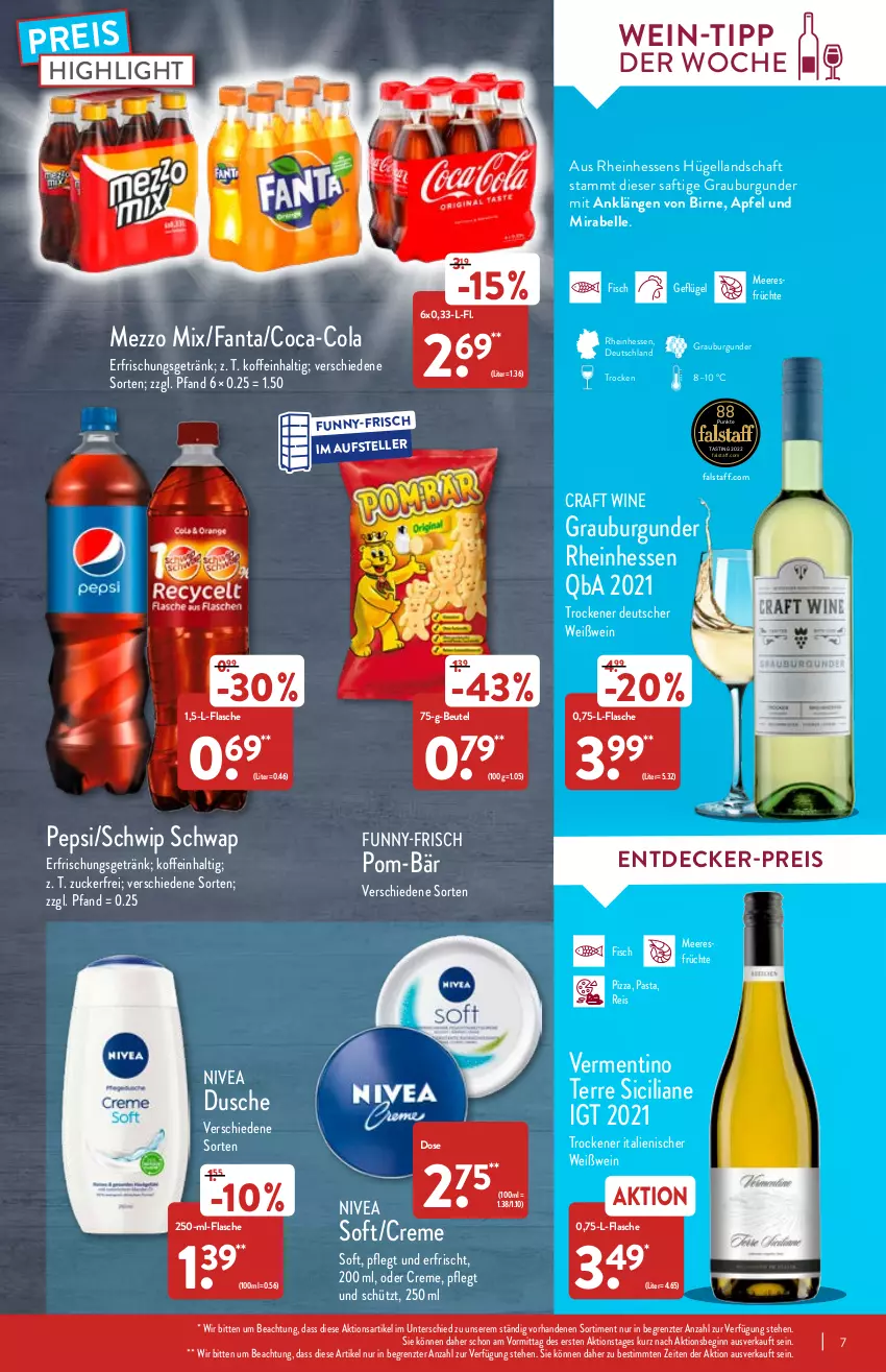 Aktueller Prospekt Aldi Nord - Aldi-Vorschau - von 14.03 bis 19.03.2022 - strona 7 - produkty: apfel, asti, beutel, burgunder, coca-cola, cola, creme, decke, dusche, eis, elle, erfrischungsgetränk, fanta, fisch, flasche, früchte, funny-frisch, Geflügel, getränk, gin, grauburgunder, meeresfrüchte, Mezzo Mix, nivea, pasta, pepsi, pizza, pom-bär, reis, saft, Schwip Schwap, teller, Ti, wein, Weißwein, ZTE, zucker