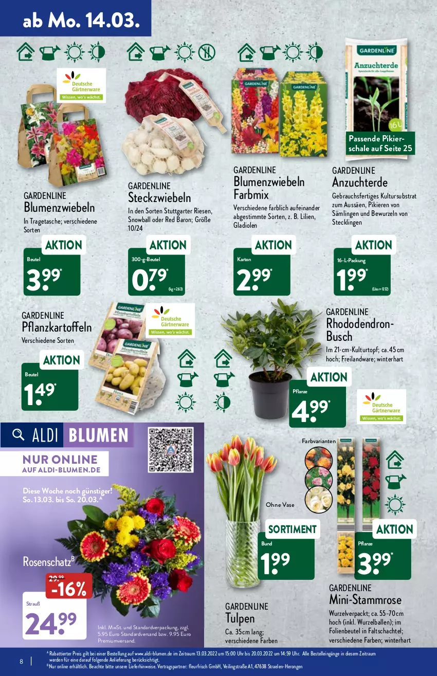 Aktueller Prospekt Aldi Nord - Aldi-Vorschau - von 14.03 bis 19.03.2022 - strona 8 - produkty: aldi, ball, beutel, blume, blumen, Blüte, Brei, eis, elle, erde, gin, Gladiolen, hero, kartoffel, kartoffeln, kulturtopf, LG, pflanze, Pflanzkartoffeln, Rauch, reis, Ria, rind, rosen, Schal, Schale, Tasche, Ti, topf, tragetasche, uhr, Vase, zwiebel, zwiebeln