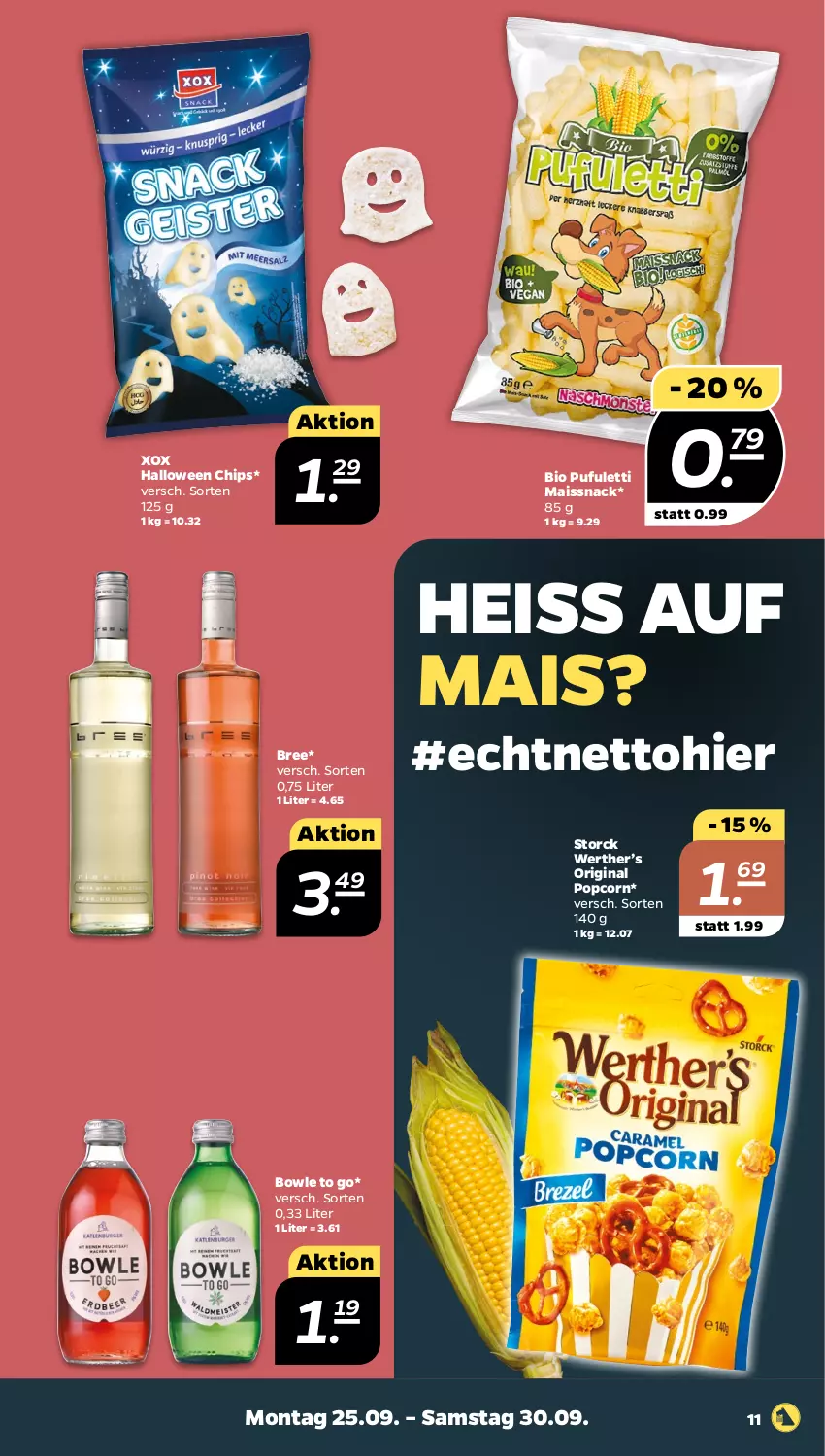 Aktueller Prospekt Netto - Woche 39 - von 25.09 bis 30.09.2023 - strona 11 - produkty: bio, bowle, bree, chips, eis, gin, mais, popcorn, snack, storck, Ti