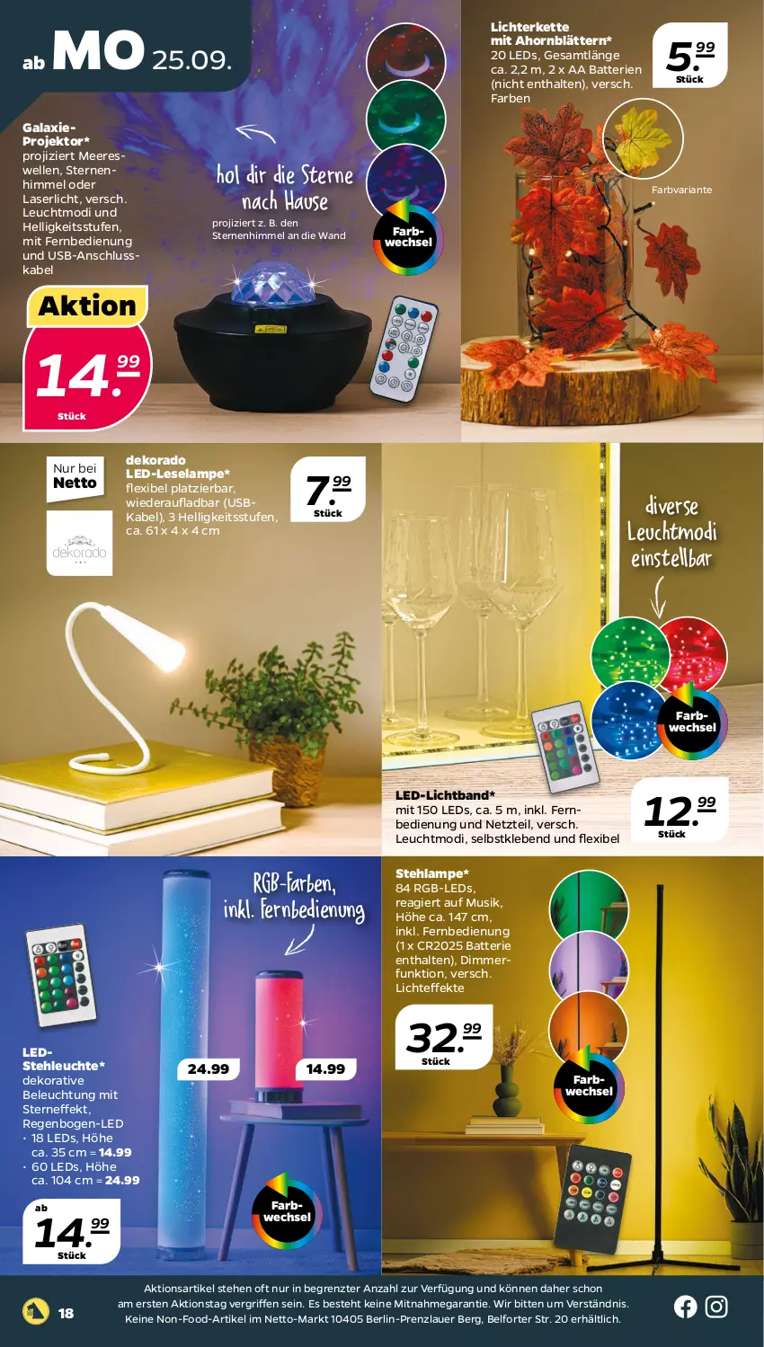 Aktueller Prospekt Netto - Woche 39 - von 25.09 bis 30.09.2023 - strona 18 - produkty: auer, batterie, batterien, beleuchtung, dimmer, elle, fernbedienung, Kette, Lampe, led-licht, leds, Leuchte, lichterkette, mit fernbedienung, Projektor, Ria, Stehlampe, stehleuchte, Ti, usb, ZTE