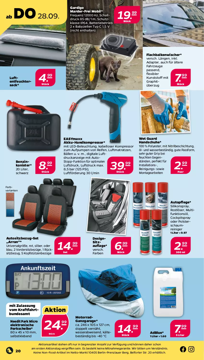 Aktueller Prospekt Netto - Woche 39 - von 25.09 bis 30.09.2023 - strona 20 - produkty: adapter, adblue, akku, auer, auto, batterie, beleuchtung, benzinkanister, easymaxx, eis, Elektro, elle, handschuhe, kompressor, kopfstütze, kraft, led-beleuchtung, LG, Luftentfeuchter, luftmatratze, matratze, matratzen, mit led-beleuchtung, ndk, reifen, reiniger, Reinigung, Ria, sac, Schal, schuhe, Sitzauflage, Ti, topf, wasser, ZTE