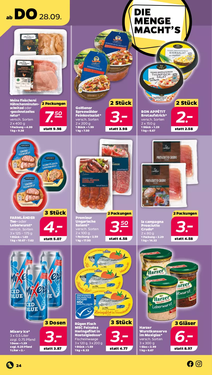 Aktueller Prospekt Netto - Woche 39 - von 25.09 bis 30.09.2023 - strona 24 - produkty: aufstrich, brot, brotaufstrich, eis, feinkost, filet, fisch, fische, fleisch, Fleischerei, geschnetzeltes, Gläser, hering, Herings, leberwurst, LG, Mixer, mixery, natur, prosciutto, prosciutto crudo, ring, salami, salat, Schere, schnitzel, spreewälder, tee, Ti, Ungarische Salami, Waage, wurst, Zelt