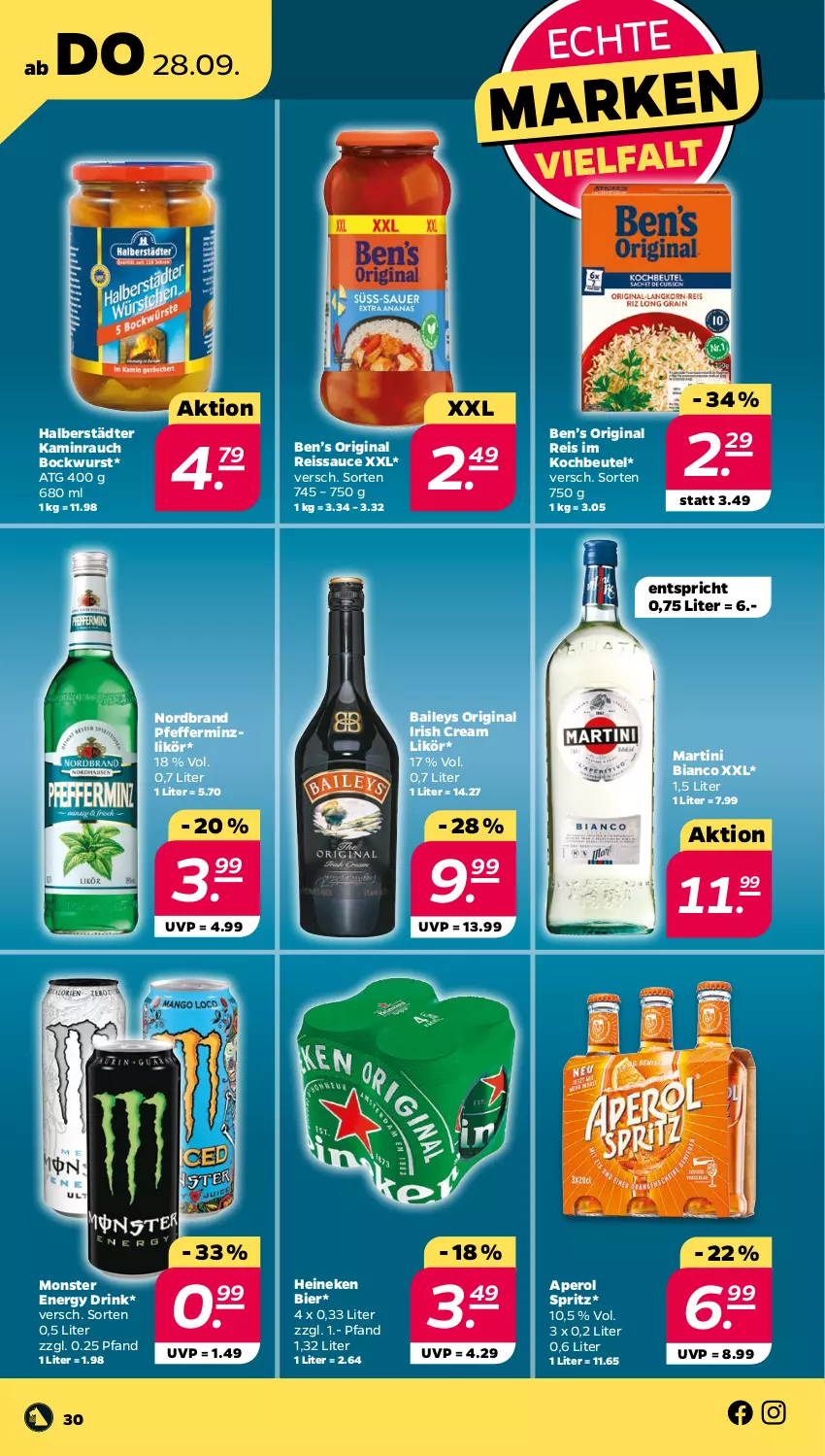 Aktueller Prospekt Netto - Woche 39 - von 25.09 bis 30.09.2023 - strona 30 - produkty: aperol, baileys, Ben’s Original, beutel, bier, bockwurst, drink, eis, energy drink, gin, heineken, irish cream, Kamin, kochbeutel, likör, martini, monster, Monster Energy, nordbrand, pfeffer, pfefferminzlikör, Rauch, reis, reiss, sauce, Ti, wurst