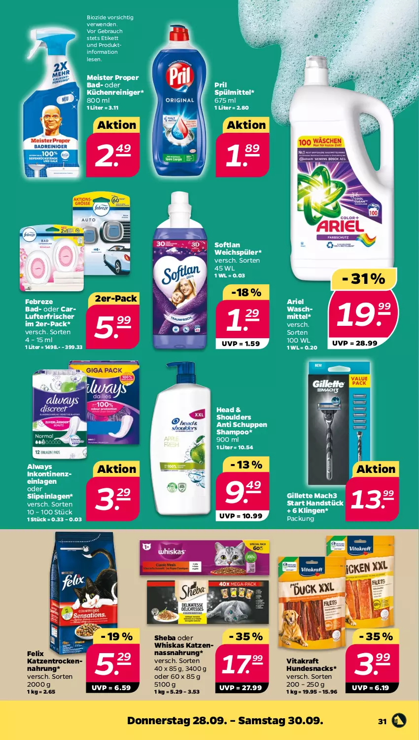 Aktueller Prospekt Netto - Woche 39 - von 25.09 bis 30.09.2023 - strona 31 - produkty: Alwa, Always, ariel, ariel waschmittel, Bad, bio, eis, febreze, felix, gillette, hundesnack, hundesnacks, kraft, küche, Küchen, lufterfrischer, mac, mach3, Meister, meister proper, Nassnahrung, pril, Rauch, reiniger, rwe, shampoo, sheba, slip, slipeinlagen, snack, snacks, Softlan, spülmittel, Ti, Trockennahrung, vita, vitakraft, waschmittel, weichspüler, whiskas