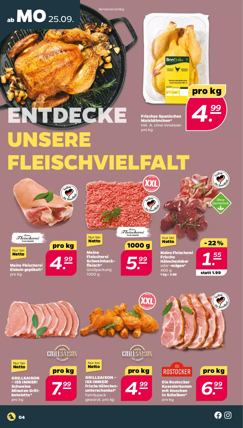 Aktueller Prospekt Netto - Woche 39 - von 25.09 bis 30.09.2023 - strona 4 - produkty: decke, eis, fleisch, Fleischerei, Frische Hähnchen, gewürz, grill, grillkotelett, grillkoteletts, hackfleisch, henkel, kasseler, kotelett, mais, Rostocker, schenkel, Schere, schwein, schweine, wein, weine