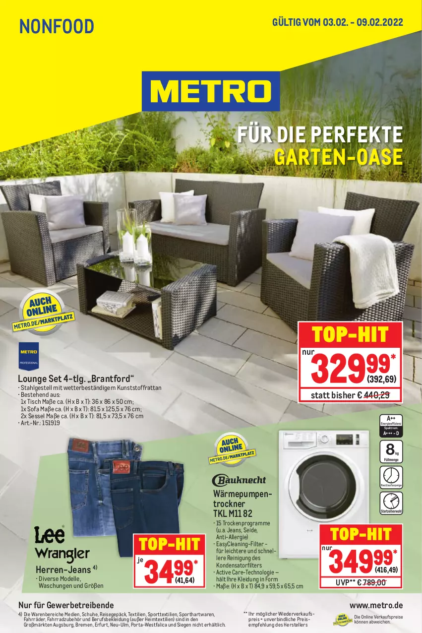 Aktueller Prospekt Metro - NonFood - von 03.02 bis 09.02.2022 - strona 1 - produkty: dell, eis, elle, Fahrrad, Garten, heimtextilien, herren-jeans, jeans, kleid, Kleidung, LG, Metro, Mode, Reinigung, reis, schuhe, sessel, Sofa, Sport, teller, Ti, tisch, top-hit, Trockner, wärmepumpentrockner