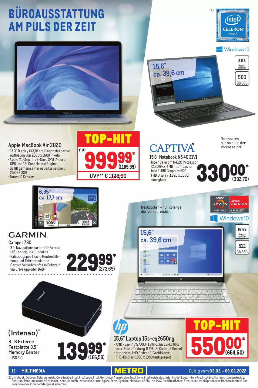 Aktueller Prospekt Metro - NonFood - von 03.02 bis 09.02.2022 - strona 12 - produkty: AMD Radeon, Apple, celeron, deo, ente, Externe Festplatte, festplatte, fisch, fische, garmin, gin, HD Graphics, Intel, Laptop, latte, mac, macbook, macbook air, notebook, Pentium, radeon, Ria, ryzen, Spezi, spiegel, ssd, Ti, top-hit, uhd, usb