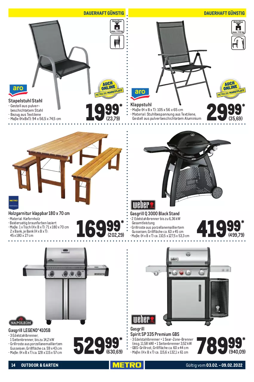 Aktueller Prospekt Metro - NonFood - von 03.02 bis 09.02.2022 - strona 14 - produkty: Bank, braun, edelstahl, eis, garnitur, Garten, gasgrill, grill, grillfläche, grillrost, Holz, klappstuhl, lack, Ria, stapelstuhl, stuhl, Ti, tisch