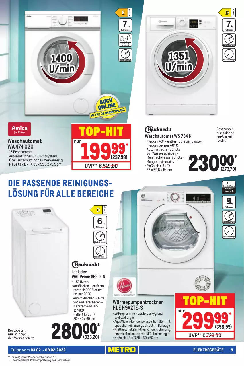 Aktueller Prospekt Metro - NonFood - von 03.02 bis 09.02.2022 - strona 9 - produkty: aqua, auto, Behälter, eis, Elektro, elektrogeräte, elle, Kinder, Reinigung, reis, teller, Ti, tisch, Toplader, Trockner, wärmepumpentrockner, wasser, wolle