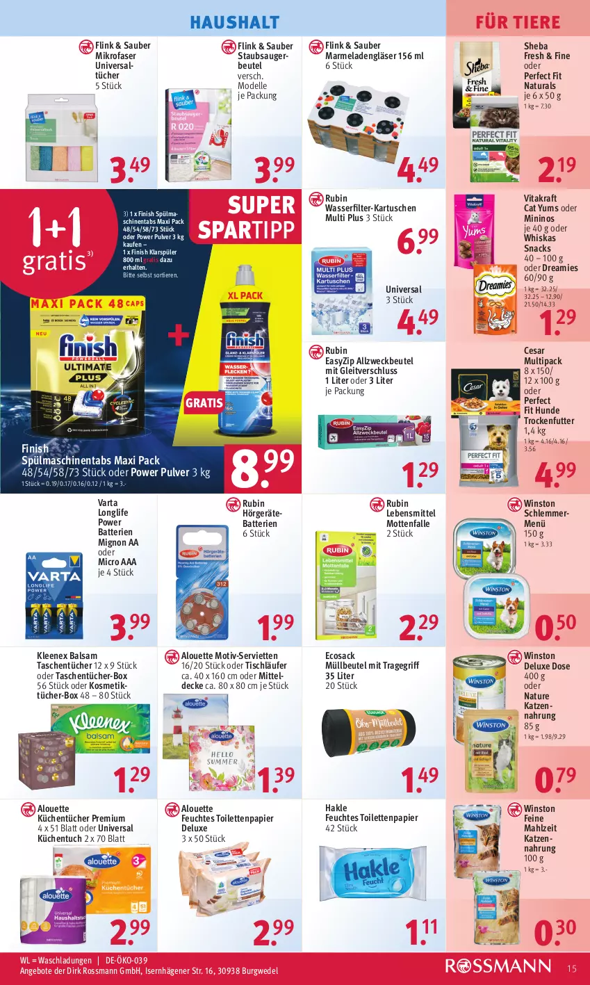 Aktueller Prospekt Rossmann - Prospekte - von 26.06 bis 30.06.2023 - strona 15 - produkty: Allzweckbeutel, alouette, angebot, angebote, balsam, batterie, batterien, beutel, decke, dell, dreamies, elle, feuchtes toilettenpapier, Finish, Gläser, hakle, katzennahrung, klarspüler, kosmetik, Kosmetiktücher, Kosmetiktücher-Box, kraft, küche, Küchen, küchentücher, Läufer, lebensmittel, longlife, marmelade, mikrofaser, mitteldecke, Mode, Mottenfalle, müllbeutel, natur, natura, papier, Perfect Fit, Rubin, sac, Serviette, servietten, sheba, snack, snacks, spartipp, spülmaschinen, spülmaschinentabs, staubsauger, staubsaugerbeutel, Tasche, taschen, taschentücher, Ti, Tiere, tisch, tischläufer, toilettenpapier, tragegriff, trockenfutter, tuc, tücher, varta, vita, vitakraft, wasser, wasserfilter, weck, wedel, whiskas