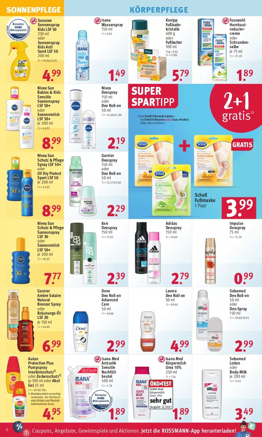 Aktueller Prospekt Rossmann - Prospekte - von 26.06 bis 30.06.2023 - strona 8 - produkty: Adidas, Ambre Solaire, angebot, angebote, Arztseife, Autan, Bad, Badekristalle, beutel, bio, biozidprodukte, body, butter, coupon, coupons, creme, deo, deo roll-on, deospray, deospray 150 ml, dove, Fusswohl, garnier, gewinnspiel, insektenschutz, isana, kneipp, körperpflege, lavera, Lotion, Maske, milch, natur, natura, nivea, nivea sun, oder deo roll-on, Rauch, roll-on, rwe, sana, scholl, sebamed, Seife, sekt, sonnenmilch, sonnenspray, spartipp, Spiele, Sport, Ti, Tiere, wasser