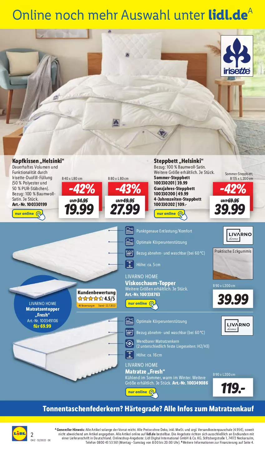 Aktueller Prospekt Lidl - Wochen-Highlights im Onlineshop - von 08.08 bis 14.08.2022 - strona 6 - produkty: angebot, angebote, auer, Bau, bett, eis, elle, federkern, irisette, kissen, kopfkissen, Liege, matratze, matratzen, Matratzentopper, ndk, reis, rel, Schal, Schale, steppbett, Tasche, taschen, telefon, Ti, tisch, topper, uhr