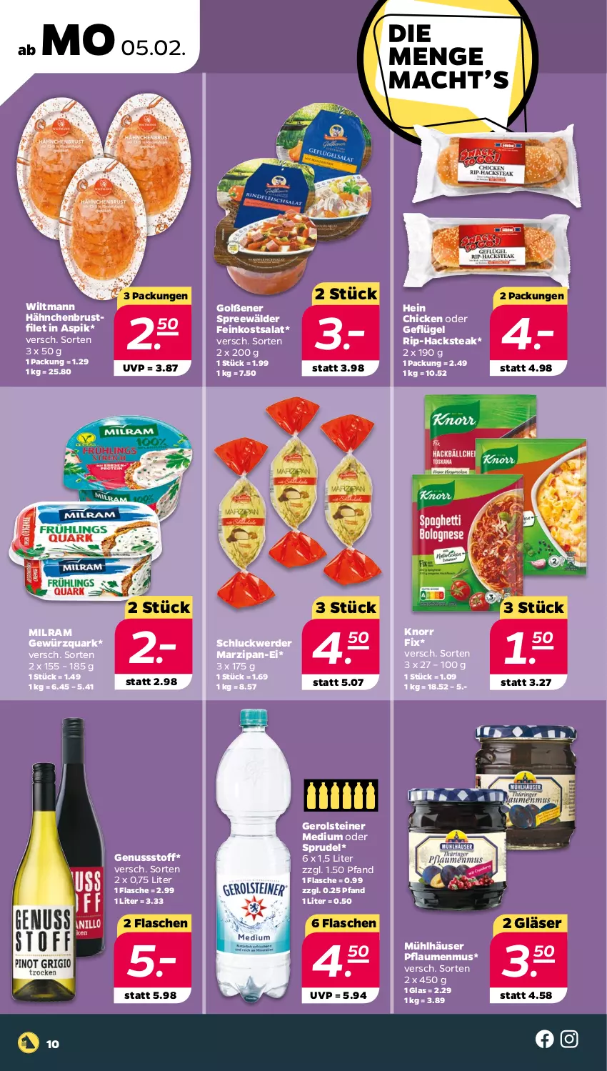 Aktueller Prospekt Netto - Woche 6 - von 05.02 bis 10.02.2024 - strona 10 - produkty: brustfilet, erde, feinkost, filet, flasche, Geflügel, gerolsteine, gerolsteiner, gewürz, gewürzquark, Gläser, hähnchenbrust, hähnchenbrustfilet, knorr, knorr fix, marzipan, milram, mühlhäuser, nuss, pflaume, pflaumen, pflaumenmus, quark, salat, spreewälder, Sprudel, steak, steiner, wiltmann