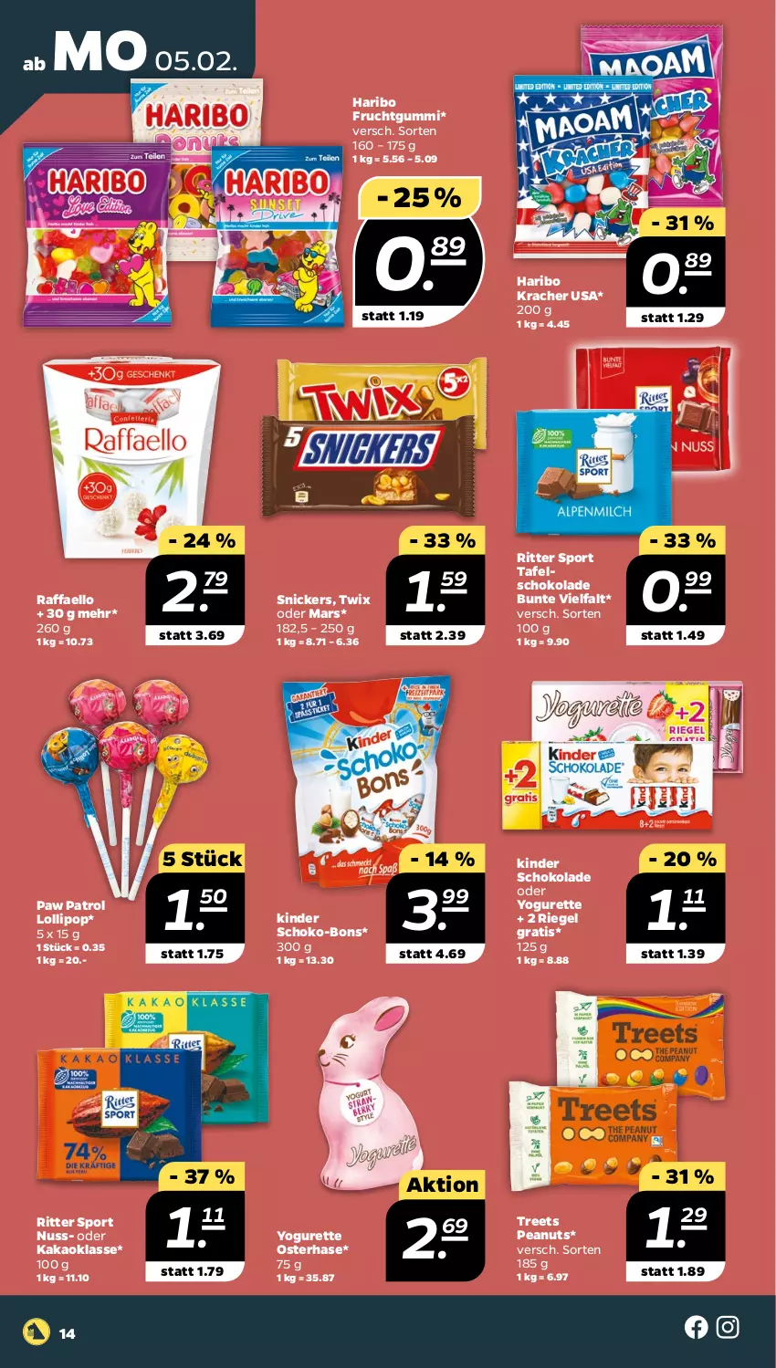 Aktueller Prospekt Netto - Woche 6 - von 05.02 bis 10.02.2024 - strona 14 - produkty: frucht, fruchtgummi, haribo, kakao, Kinder, kinder schokolade, kracher, mars, nuss, oder yogurette, Paw Patrol, raffaello, riegel, ritter, ritter sport, schoko, schoko-bons, schokolade, snickers, Sport, tafelschokolade, Ti, twix, Yo, yogurette