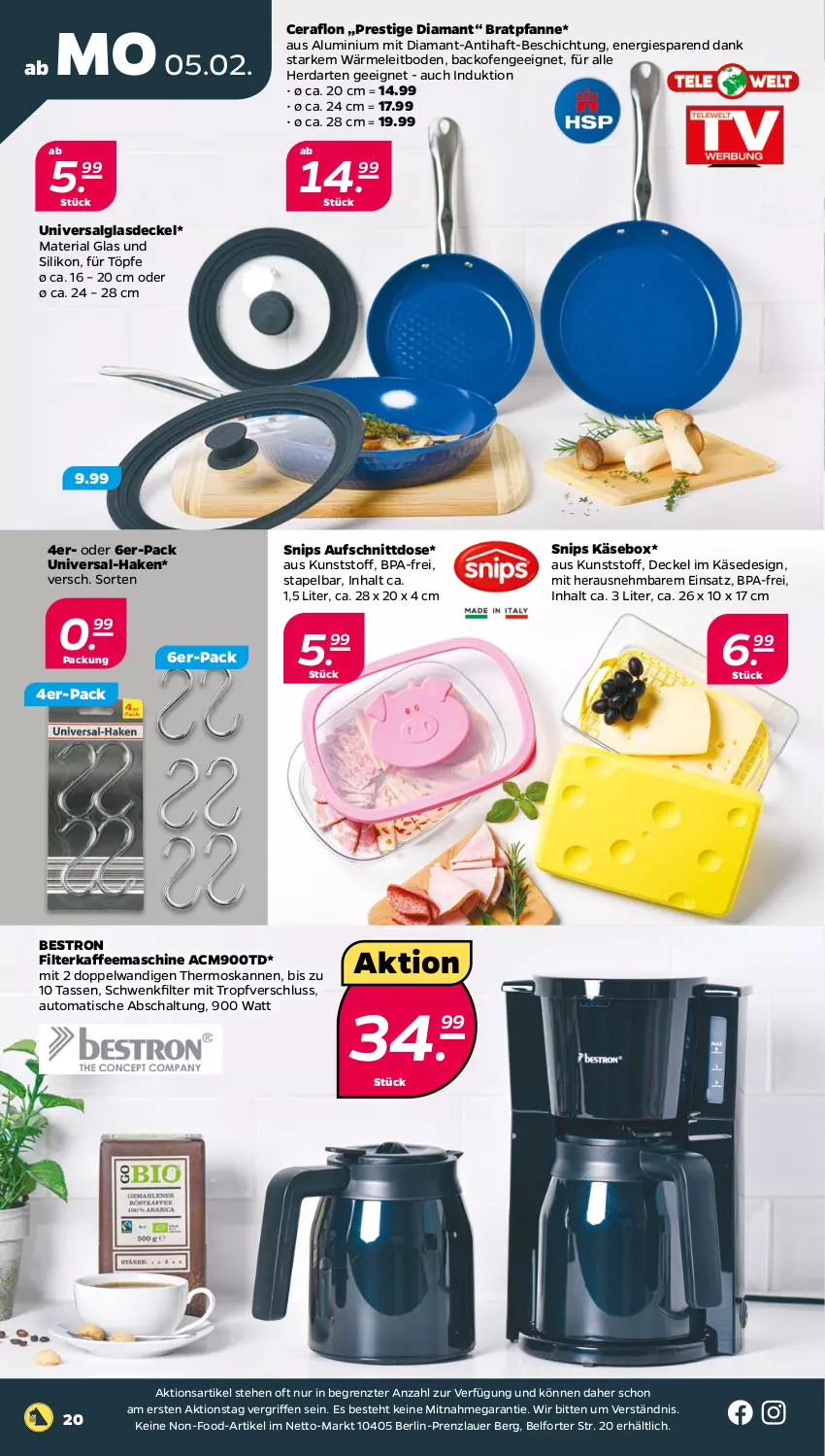 Aktueller Prospekt Netto - Woche 6 - von 05.02 bis 10.02.2024 - strona 20 - produkty: auer, aufschnitt, auto, backofen, bratpfanne, decke, Deckel, filterkaffee, Glasdeckel, herdarten, kaffee, kaffeemaschine, Käse, LG, Ofen, pfanne, Ria, Schal, tasse, Ti, tisch, ZTE