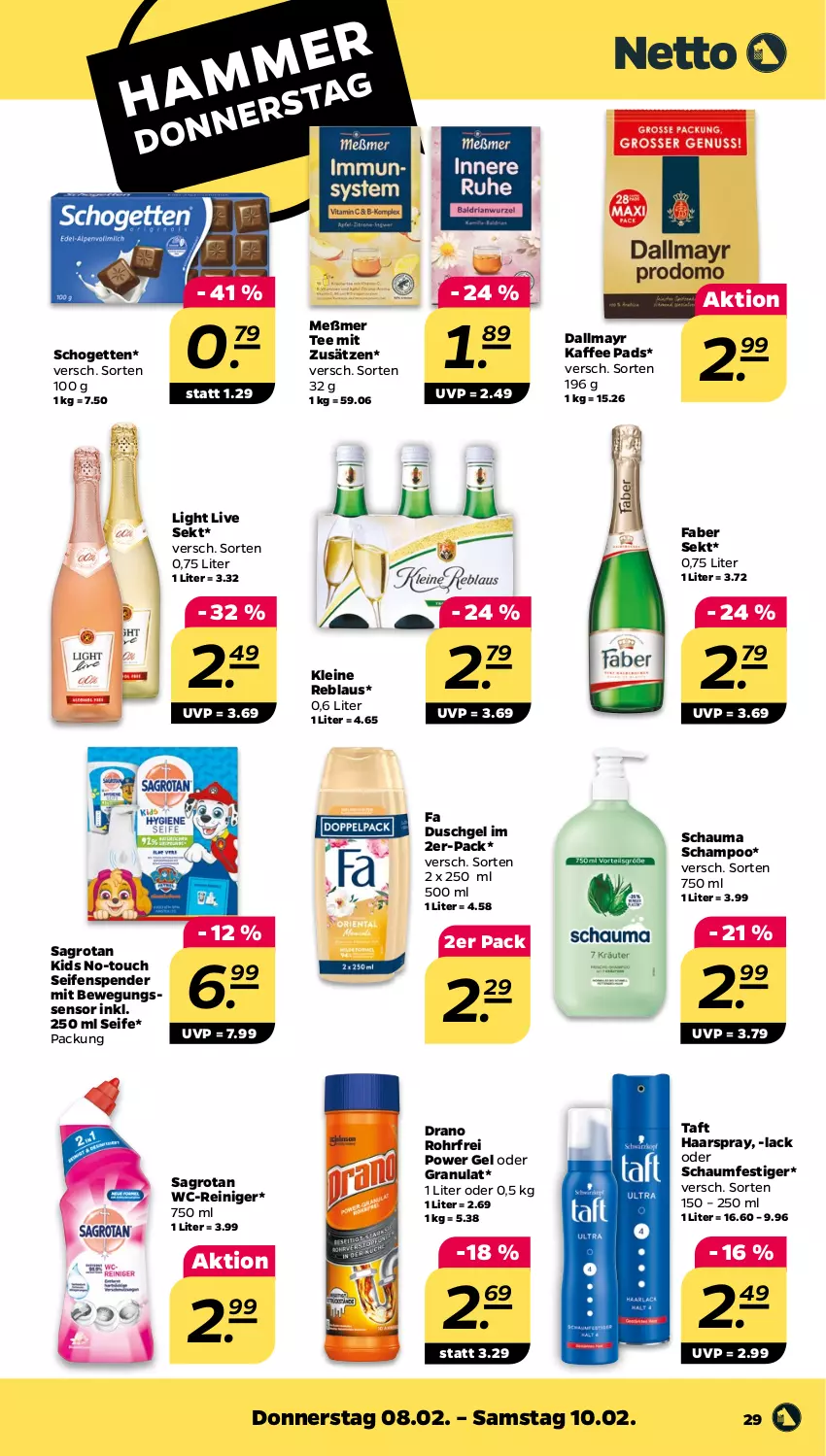 Aktueller Prospekt Netto - Woche 6 - von 05.02 bis 10.02.2024 - strona 29 - produkty: Bewegungssensor, dallmayr, duschgel, fa duschgel, haarspray, kaffee, lack, leine, Meßmer, oder schaumfestiger, reiniger, sagrotan, schauma, schaumfestiger, schogetten, Seife, seifenspender, sekt, Taft, tee, Ti, wc-reiniger