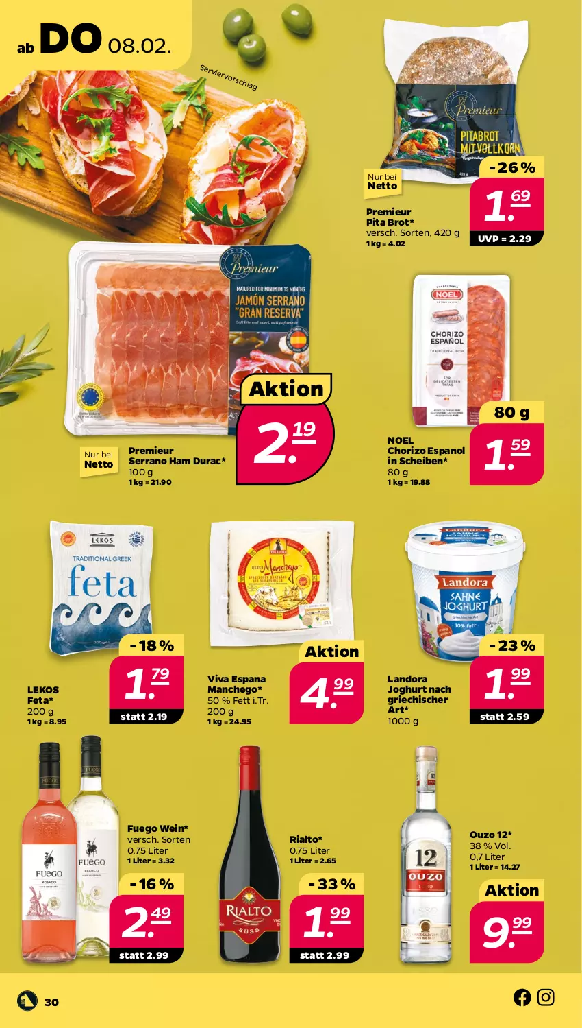 Aktueller Prospekt Netto - Woche 6 - von 05.02 bis 10.02.2024 - strona 30 - produkty: brot, chorizo, feta, joghur, joghurt, joghurt nach, Manchego, ouzo, ouzo 12, Ria, serrano, Ti, wein