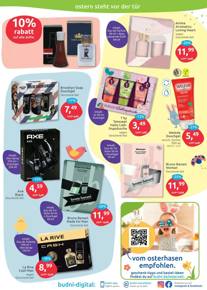 Aktueller Prospekt Budni - Prospekte - von 04.04 bis 09.04.2022 - strona 3 - produkty: axe, body, decke, deo, deo spray, deospray, dusche, duschgel, Eau de parfum, eau de toilette, eau de toilette 100 ml, gin, La Rive, lack, parfum, rel, Ti, weleda