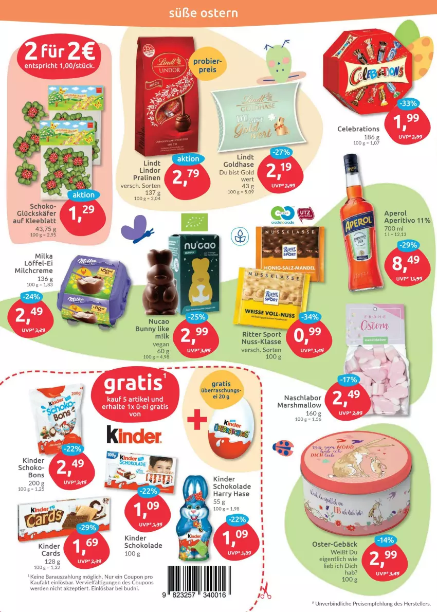 Aktueller Prospekt Budni - Prospekte - von 04.04 bis 09.04.2022 - strona 4 - produkty: aperol, bier, coupon, coupons, creme, eis, elle, erde, käfer, Kinder, lindor, lindt, Löffel, mars, milch, milka, nuss, pralinen, reis, ritter, ritter sport, schoko, schokolade, Sport, teller, Ti