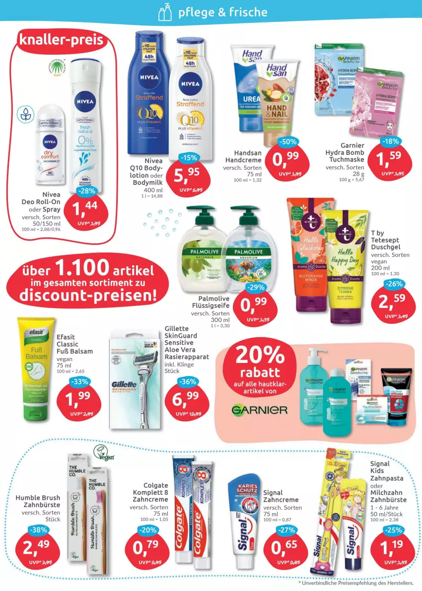 Aktueller Prospekt Budni - Prospekte - von 04.04 bis 09.04.2022 - strona 6 - produkty: balsam, body, body lotion, Bodymilk, bürste, colgate, creme, deo, deo roll-on, discount, duschgel, eis, elle, flüssigseife, garnier, gillette, handcreme, LG, Lotion, Maske, milch, natur, natura, nivea, olive, palmolive, Q10, reis, roll-on, Seife, Signal, skinguard, teller, Ti, tuc, tuchmaske, vita, Vitamin C, zahnbürste, zahncreme