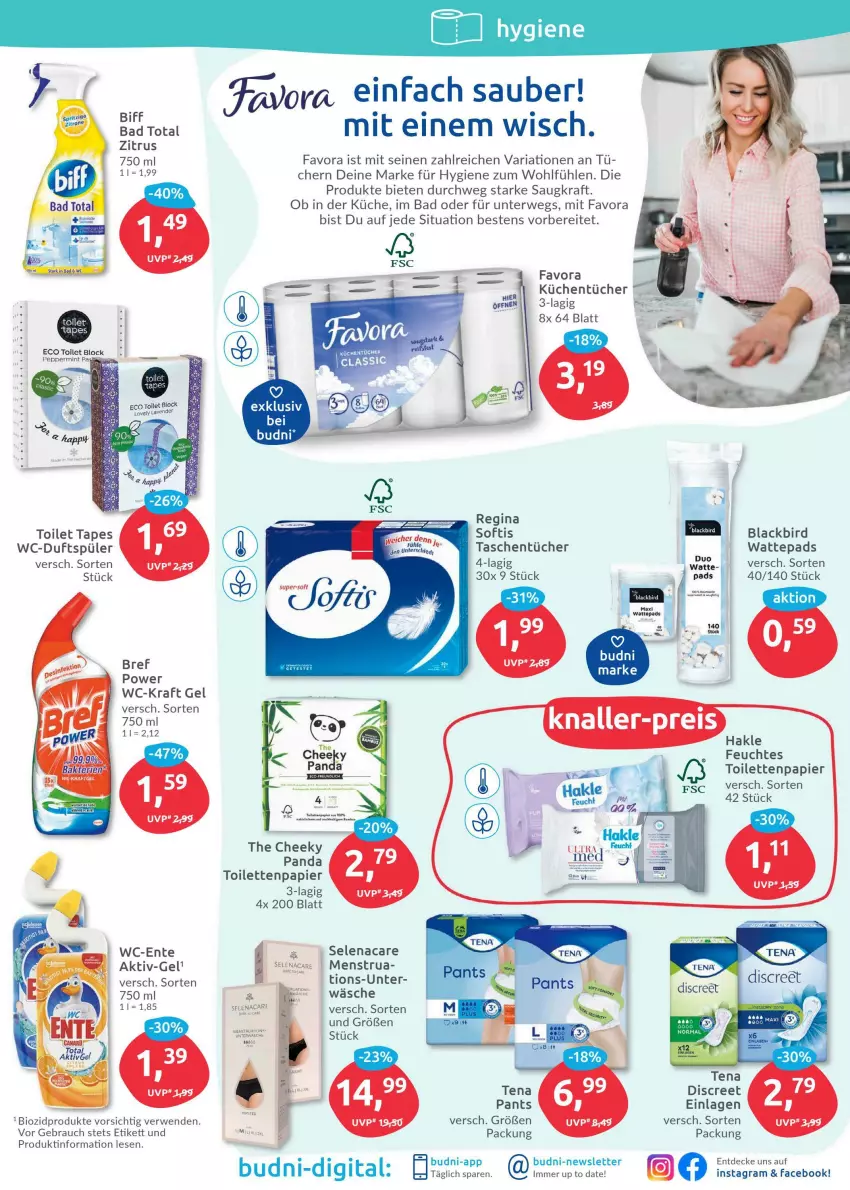 Aktueller Prospekt Budni - Prospekte - von 04.04 bis 09.04.2022 - strona 9 - produkty: Bad, biff, bio, biozidprodukte, Bref, bref power, decke, Discreet, ente, feuchtes toilettenpapier, gin, hakle, kraft, küche, Küchen, küchentücher, lack, mam, mint, Pants, papier, Rauch, Ria, rwe, Tasche, taschen, taschentücher, Ti, toilettenpapier, tücher, wattepads, Yo