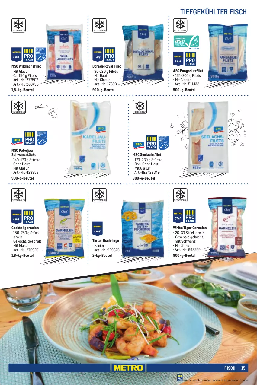 Aktueller Prospekt Metro - Eigenmarkensortiment - von 01.01.2023 bis 18.09.2024 - strona 15 - produkty: beutel, cocktail, Dorade, dorade royal, filet, filets, fisch, garnelen, lachs, lachsfilet, LG, Metro, Pangasius, ring, seelachsfilet, Ti, Tintenfischringe, Wild, wildlachs