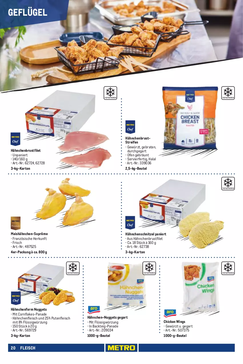 Aktueller Prospekt Metro - Eigenmarkensortiment - von 01.01.2023 bis 18.09.2024 - strona 20 - produkty: beutel, braten, brustfilet, chicken wings, eis, filet, flakes, fleisch, Geflügel, gewürz, hähnchenbrust, hähnchenbrustfilet, Hähnchenfleisch, Hähnchenschnitzel, mais, nuggets, Ofen, pute, Putenfleisch, reifen, schnitzel, Ti