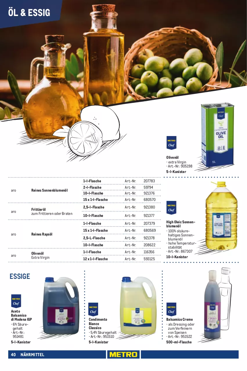 Aktueller Prospekt Metro - Eigenmarkensortiment - von 01.01.2023 bis 18.09.2024 - strona 40 - produkty: aceto, aceto balsamico, balsam, balsamico, blume, blumen, blumenöl, braten, classico, condimento, Condimento Bianco, creme, dressing, eis, essig, flasche, Frittieröl, gin, Mode, olive, oliven, olivenöl, olivenöl extra, rapsöl, reines rapsöl, sonnenblume, sonnenblumen, sonnenblumenöl, Ti, Tiere