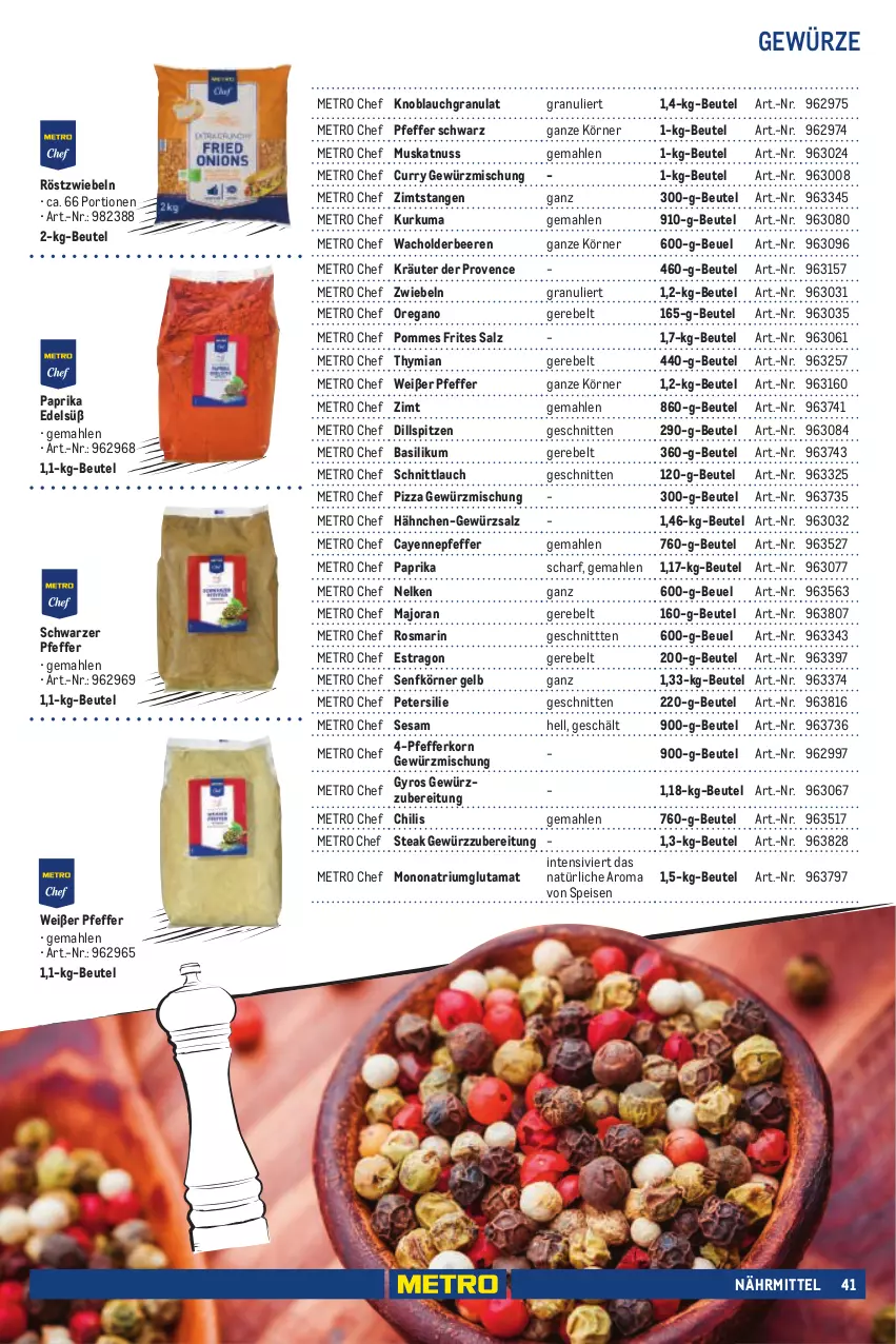 Aktueller Prospekt Metro - Eigenmarkensortiment - von 01.01.2023 bis 18.09.2024 - strona 41 - produkty: basilikum, beere, beeren, beutel, chili, curry, eis, gewürz, Gewürzmischung, gewürzsalz, gyros, knoblauch, korn, kräuter, Metro, Muskatnuss, nuss, paprika, petersilie, pfeffer, pizza, pommes, Pommes Frites, rosmarin, röstzwiebeln, salz, schnitten, schnittlauch, senf, sesam, steak, Ti, zwiebel, zwiebeln