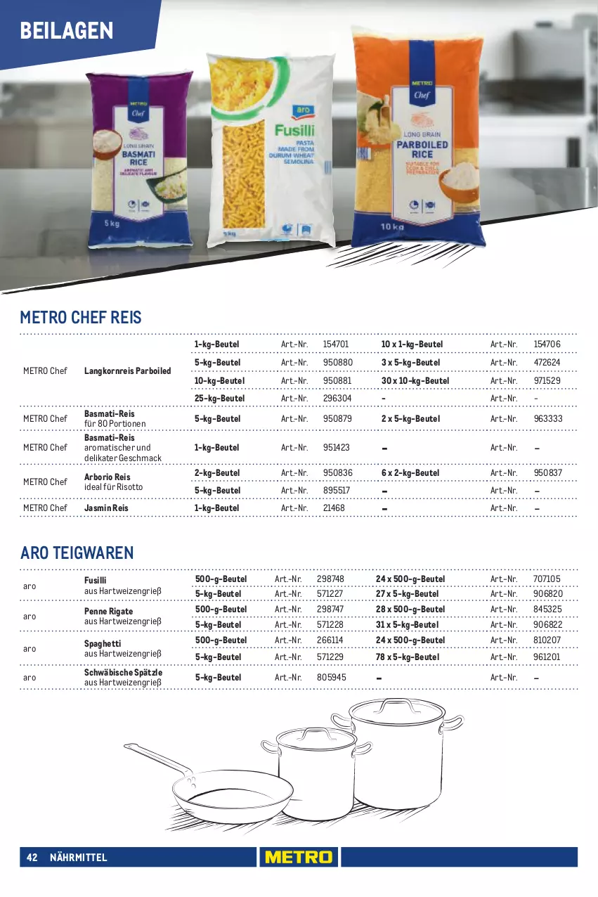 Aktueller Prospekt Metro - Eigenmarkensortiment - von 01.01.2023 bis 18.09.2024 - strona 42 - produkty: basmati, basmati-reis, beutel, eis, fusilli, hartweizen, ilag, korn, Langkornreis, mac, Metro, penne, penne rigate, reis, risotto, spaghetti, teigwaren, Ti, tisch