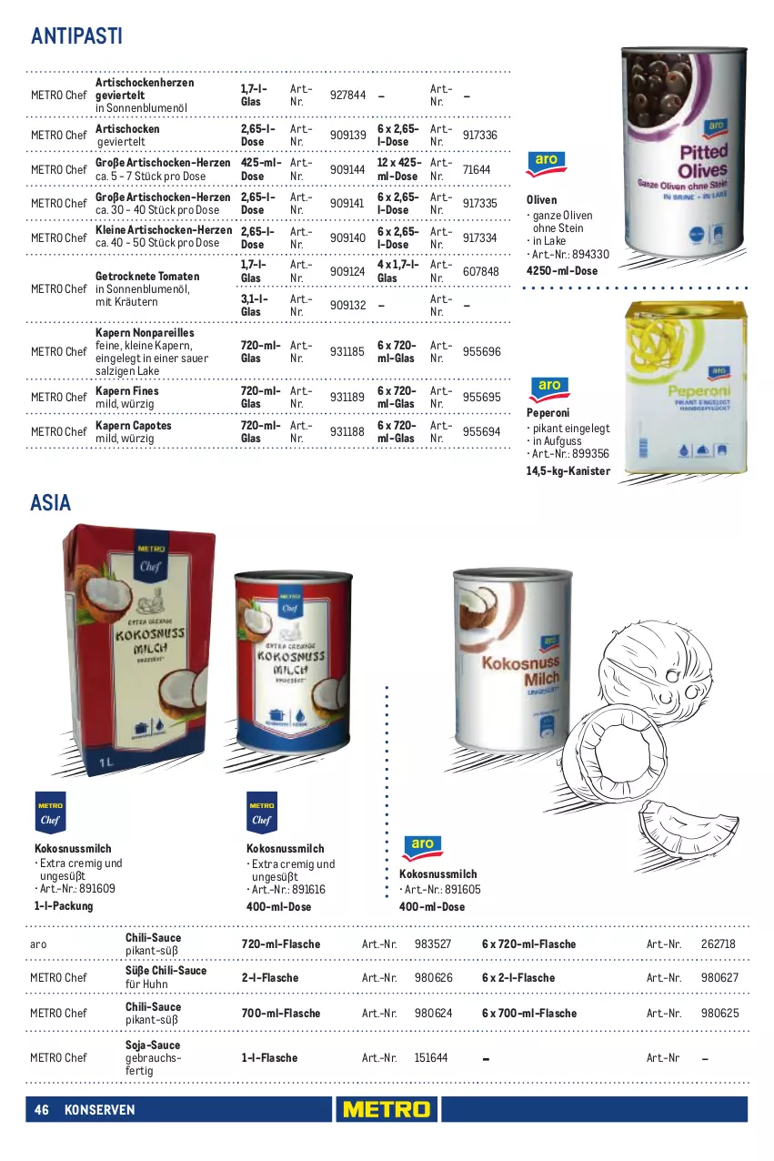 Aktueller Prospekt Metro - Eigenmarkensortiment - von 01.01.2023 bis 18.09.2024 - strona 46 - produkty: antipasti, Artischocken, asti, auer, blume, blumen, blumenöl, Cap, chili, flasche, Getrocknete Tomaten, kokos, kokosnuss, Kokosnussmilch, Konserven, kräuter, kräutern, leine, LG, Metro, milch, nuss, olive, oliven, peperoni, Peroni, Rauch, salz, sauce, soja, sonnenblume, sonnenblumen, sonnenblumenöl, Ti, tisch, tomate, tomaten