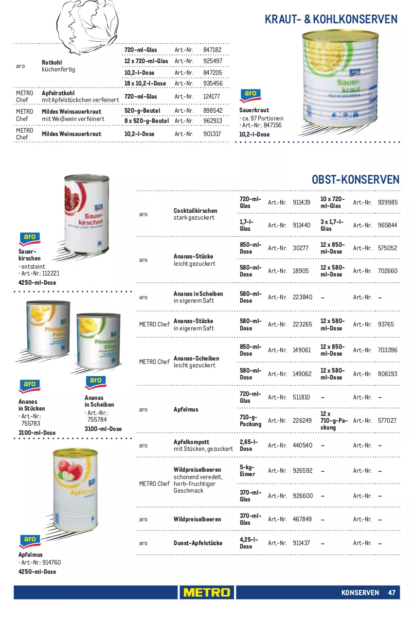 Aktueller Prospekt Metro - Eigenmarkensortiment - von 01.01.2023 bis 18.09.2024 - strona 47 - produkty: ananas, apfel, apfelmus, auer, beere, beeren, beutel, cocktail, eimer, eis, frucht, kirsch, kirsche, kirschen, Konserven, Kraut, küche, Küchen, LG, mac, Metro, obst, reis, rotkohl, saft, sauerkirschen, Sauerkraut, Ti, wein, Weinsauerkraut, Weißwein, Wild, zucker