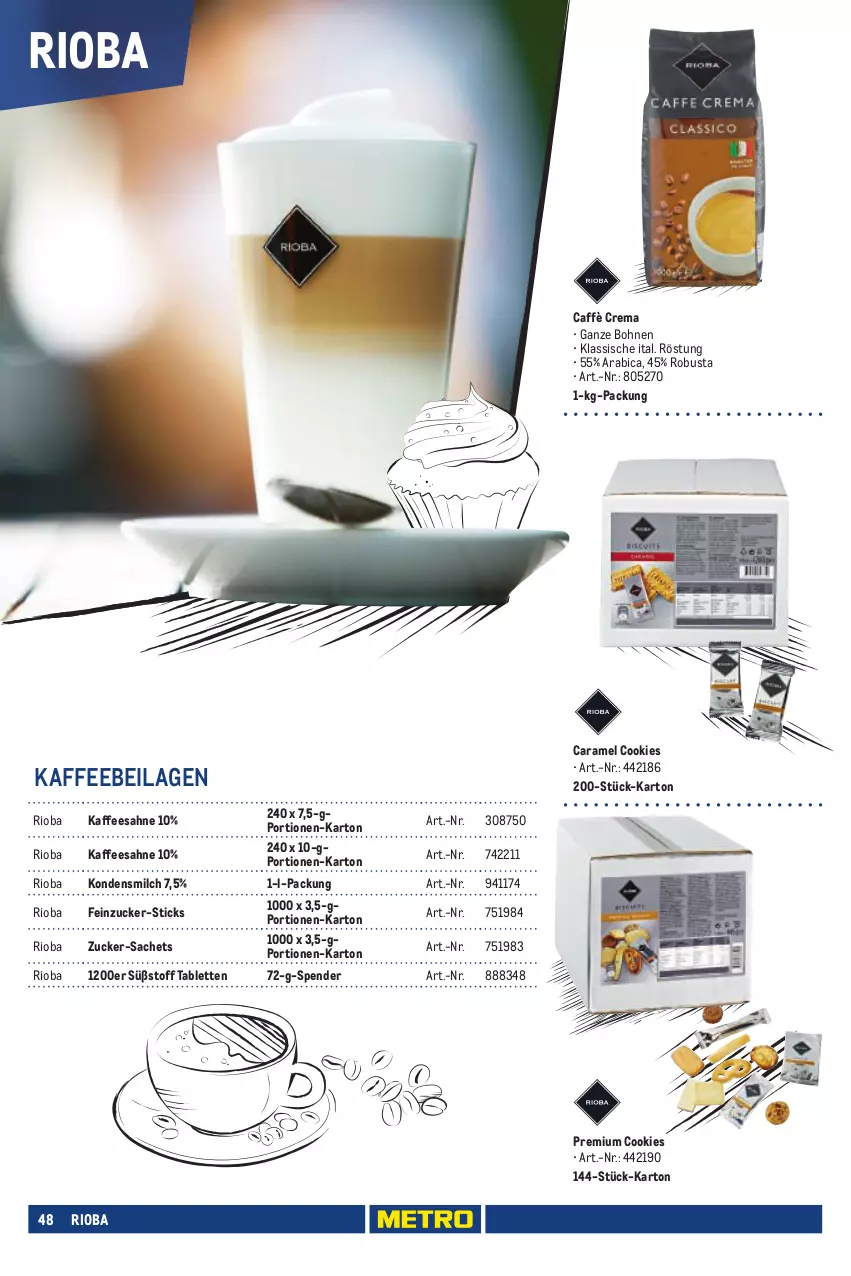 Aktueller Prospekt Metro - Eigenmarkensortiment - von 01.01.2023 bis 18.09.2024 - strona 48 - produkty: bohne, bohnen, caffè crema, caramel, cookie, cookies, ilag, kaffee, kondensmilch, milch, rioba, sac, sahne, tablet, tablett, Tablette, Ti, zucker