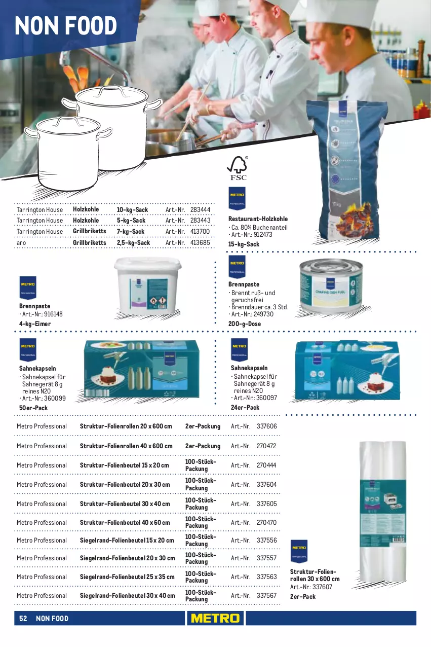 Aktueller Prospekt Metro - Eigenmarkensortiment - von 01.01.2023 bis 18.09.2024 - strona 52 - produkty: auer, beutel, Brennpaste, briketts, buch, eimer, grill, grillbriketts, Holz, holzkohle, Metro, ring, sac, sahne, tarrington house