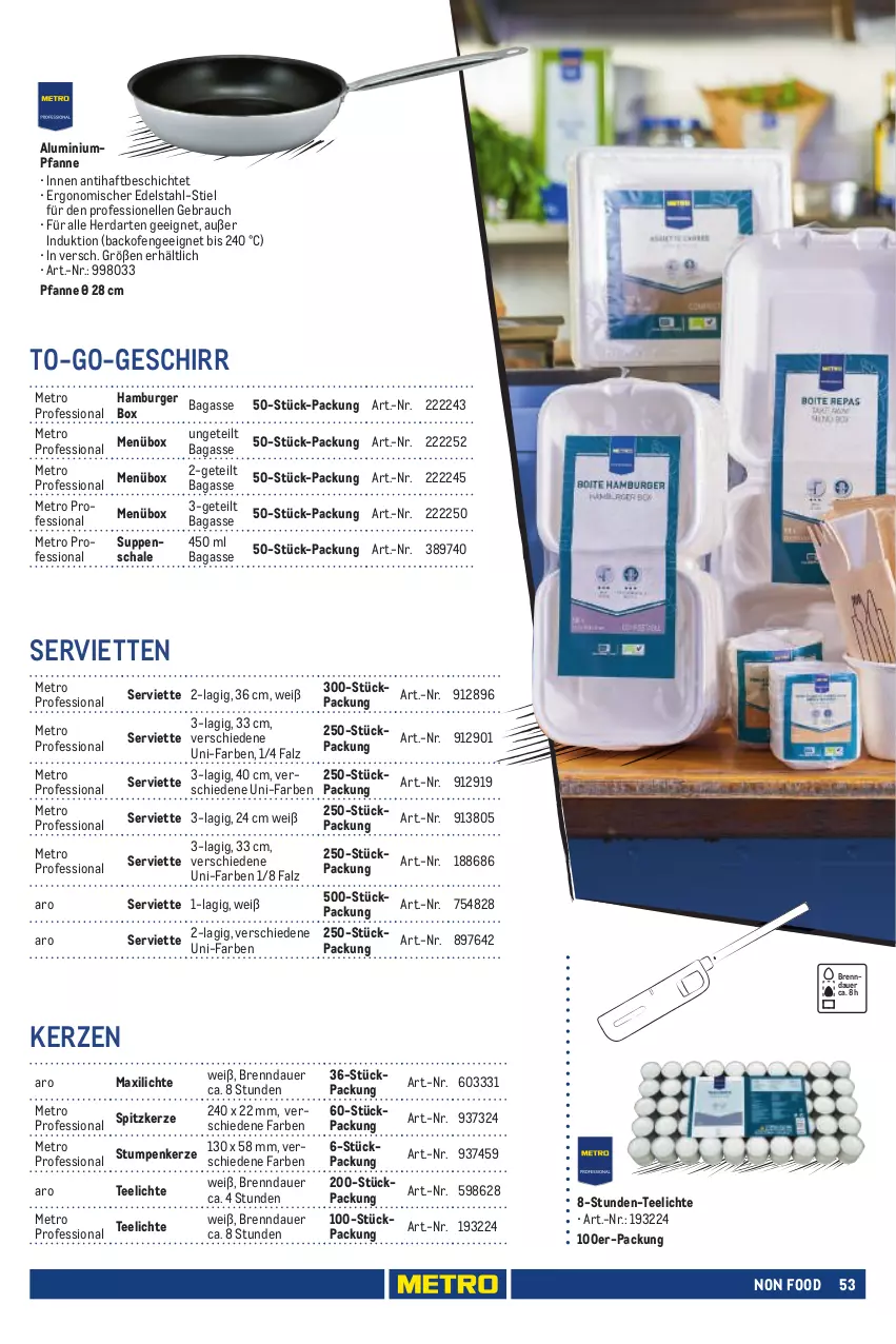 Aktueller Prospekt Metro - Eigenmarkensortiment - von 01.01.2023 bis 18.09.2024 - strona 53 - produkty: auer, backofen, burger, edelstahl, elle, geschirr, hamburger, herdarten, kerze, Metro, Ofen, pfanne, Rauch, Schal, Schale, Serviette, servietten, suppe, suppen, tee, Teelicht, teelichte, Ti