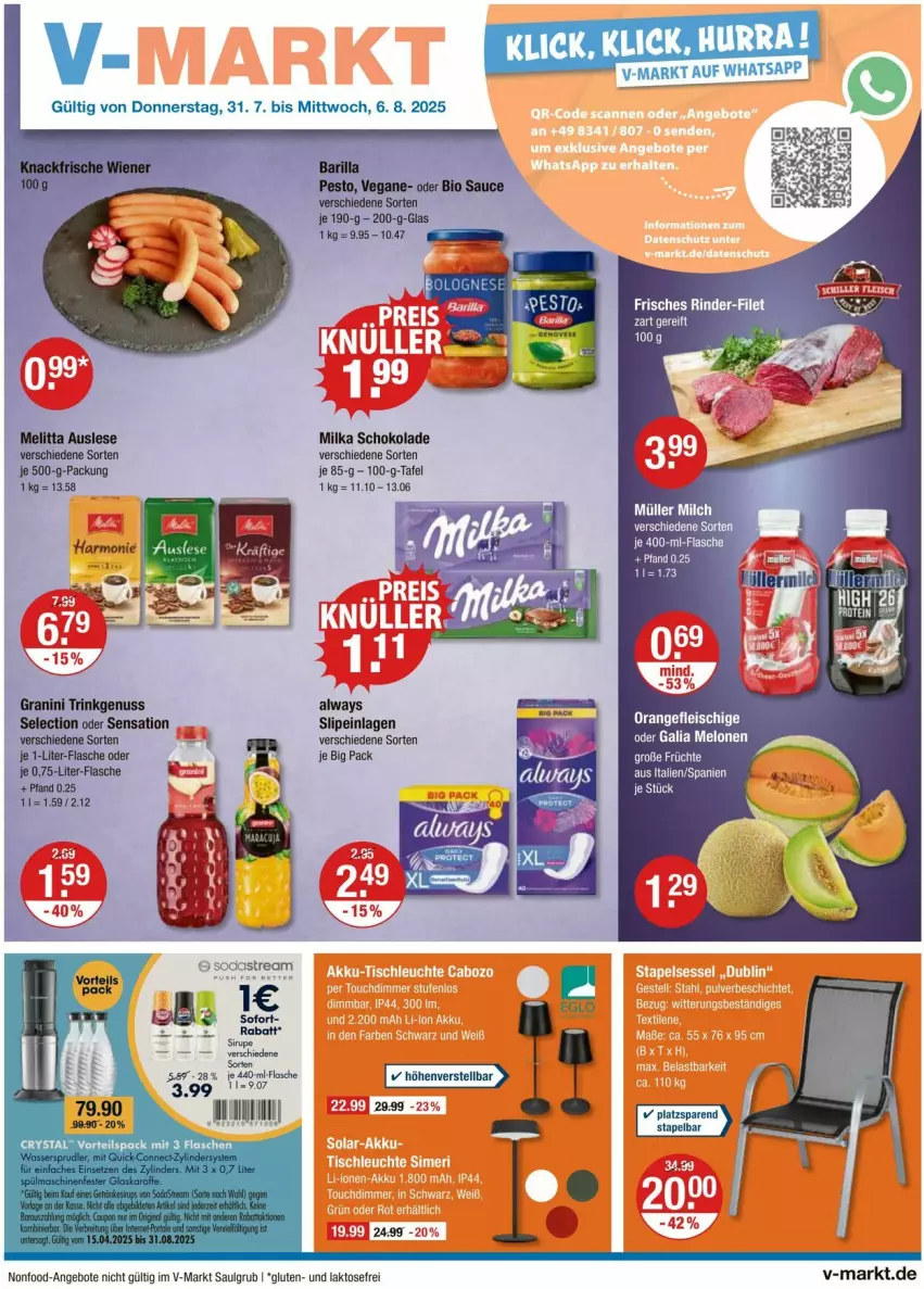 Aktueller Prospekt Vmarkt - Prospekte - von 31.07 bis 06.08.2025 - strona 1 - produkty: angebot, angebote, eis, filet, flasche, fleisch, galia melonen, LG, melone, melonen, milka, milka schokolade, orange, rind, rinder, schoko, schokolade, slip, slipeinlagen, Soda, sodastream, Ti