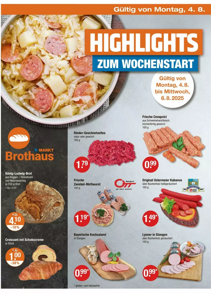 Aktueller Prospekt Vmarkt - Prospekte - von 31.07 bis 06.08.2025 - strona 18 - produkty: auer, brot, buch, creme, Croissant, eier, eis, fleisch, geschnetzeltes, gewürz, gin, hackfleisch, Holz, kabanos, küche, Küchen, lyoner, Mett, mettwurst, natur, rind, rinder, salami, schoko, schwein, schweine, Schweinehackfleisch, Ti, wein, weine, wurst, Yo, Zelt, zwiebel