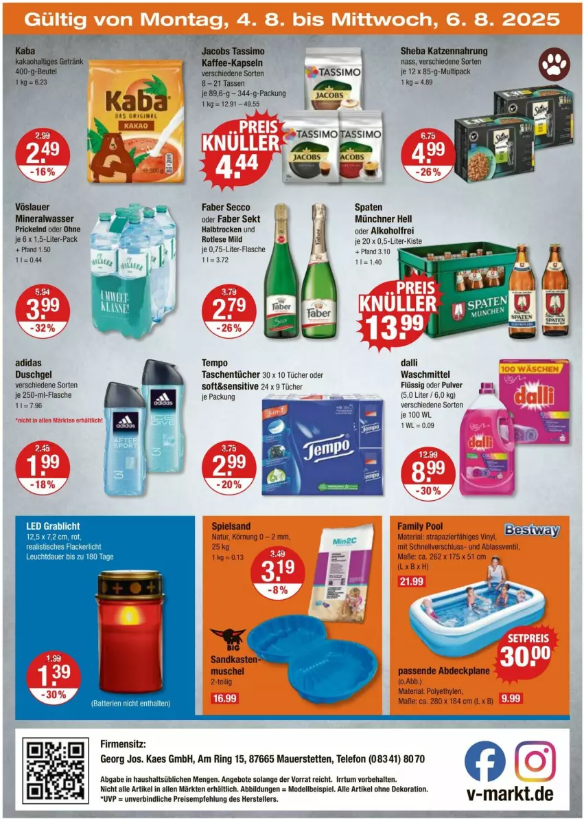 Aktueller Prospekt Vmarkt - Prospekte - von 31.07 bis 06.08.2025 - strona 20 - produkty: abdeckplane, Adidas, alkohol, alle artikel ohne dekoration, Alwa, angebot, angebote, auer, batterie, batterien, beutel, dalli, dekoration, dell, duschgel, ecco, eis, family pool, flasche, getränk, jacobs, jacobs tassimo, kaes, kaffee, kaffee-kapseln, kakao, katzennahrung, mineralwasser, Mode, natur, ndk, pool, Ria, ring, Sandkasten, sekt, sheba, sim, Spaten, spielsand, Tasche, taschen, taschentücher, tasse, tassimo, telefon, Tempo, Ti, tücher, vöslauer, waschmittel, wasser