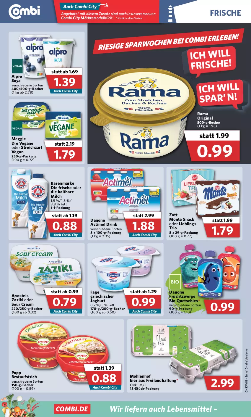 Aktueller Prospekt Combi - Prospekte - von 21.02 bis 26.02.2022 - strona 10 - produkty: actimel, actimel drink, alpro, angebot, angebote, apostels, aufstrich, bärenmarke, Becher, bio, brot, brotaufstrich, danone, danone actimel drink, danone fruchtzwerge, drink, eier, frucht, fruchtzwerge, gin, Griechischer Joghurt, haltbare milch, joghur, joghurt, lebensmittel, meggle, milch, monte, Popp, rama, snack, sour cream, soya, Streichzart, Ti, zaziki, zott, Zott Monte