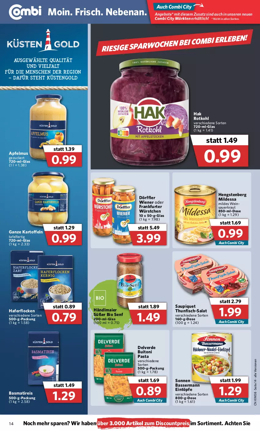 Aktueller Prospekt Combi - Prospekte - von 21.02 bis 26.02.2022 - strona 14 - produkty: angebot, angebote, apfel, apfelmus, auer, basmati, bio, buitoni, buitoni pasta, discount, eintöpfe, eis, erde, fisch, frankfurter, hafer, haferflocken, händlmaier, hengstenberg, kartoffel, kartoffeln, Kraut, küstengold, pasta, reis, rotkohl, salat, saupiquet, senf, thunfisch, Ti, wein, wiener, würstchen, zucker