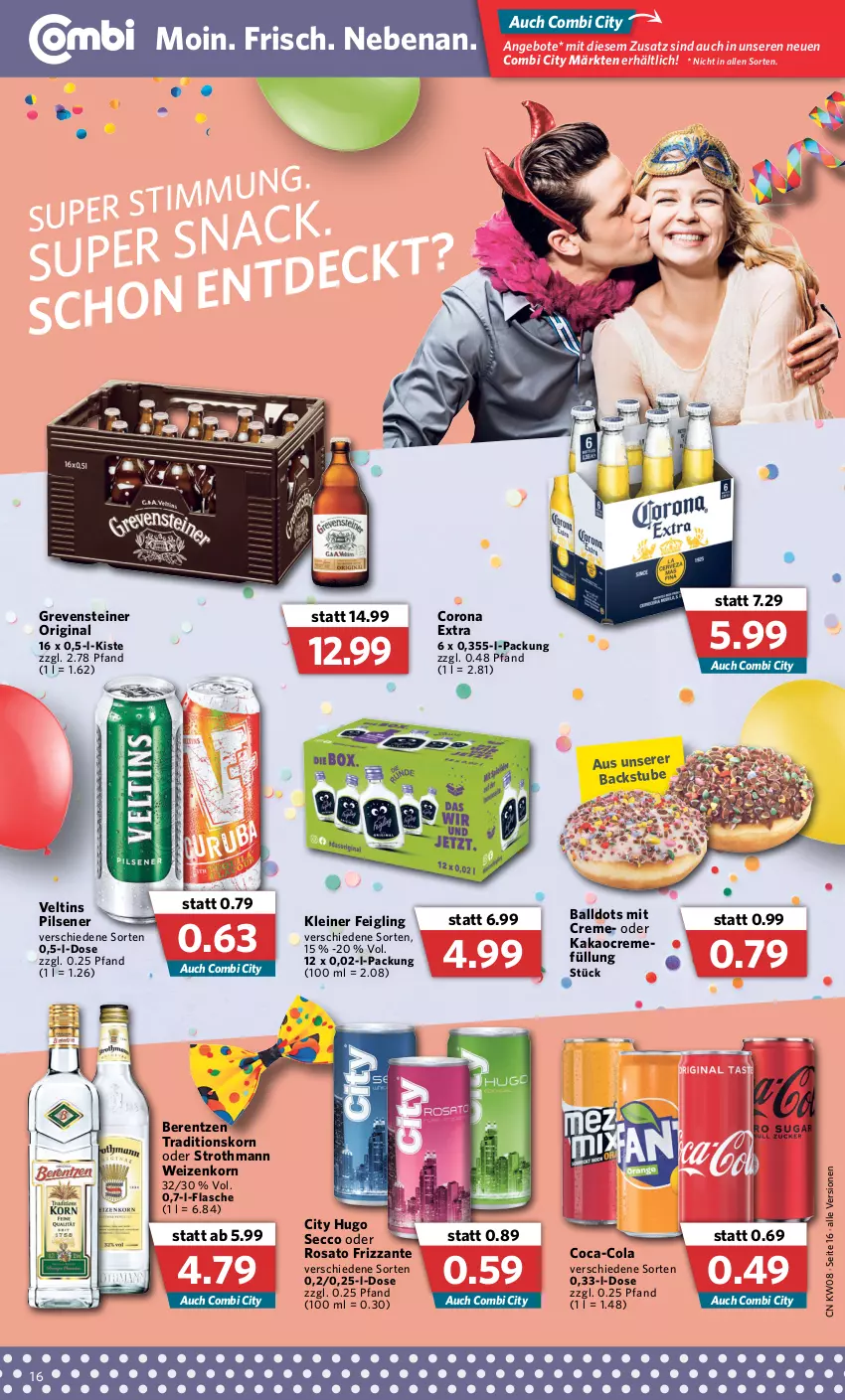 Aktueller Prospekt Combi - Prospekte - von 21.02 bis 26.02.2022 - strona 16 - produkty: angebot, angebote, ball, berentzen, coca-cola, cola, corona, corona extra, creme, ecco, flasche, frizzante, gin, grevensteiner, hugo, kakao, kleiner feigling, korn, leine, pils, pilsener, rosato, steiner, Ti, veltins, veltins pilsener, weizenkorn