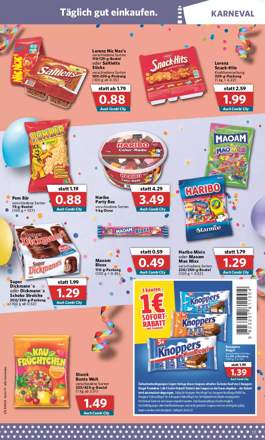 Aktueller Prospekt Combi - Prospekte - von 21.02 bis 26.02.2022 - strona 17 - produkty: auto, beutel, coupon, coupons, erde, erdnuss, gin, haribo, knoppers, kokos, lorenz, maoam, nuss, nussriegel, riegel, saltletts, schoko, snack, sofort-rabatt, storck, Ti, tisch