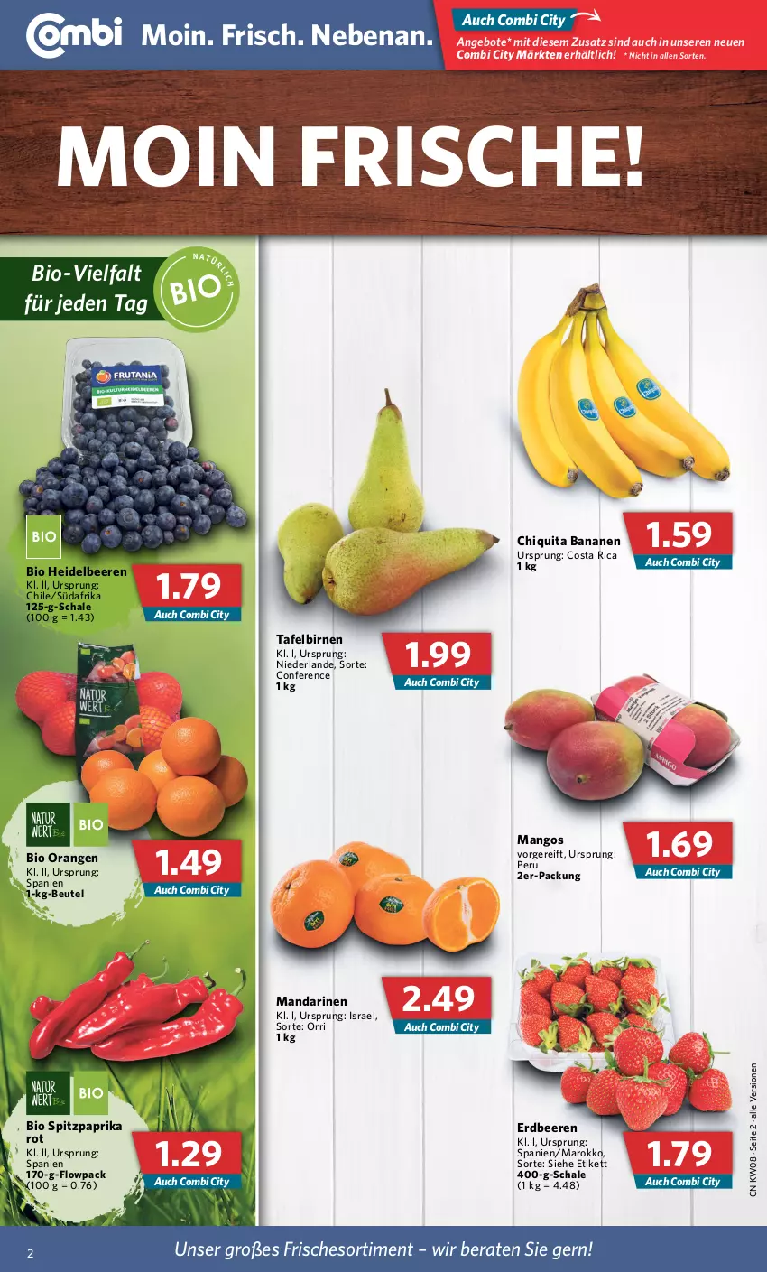 Aktueller Prospekt Combi - Prospekte - von 21.02 bis 26.02.2022 - strona 2 - produkty: angebot, angebote, banane, bananen, beere, beeren, beutel, bio, Birnen, chiquita, erdbeere, erdbeeren, heidelbeere, heidelbeeren, mandarine, mandarinen, mango, mangos, orange, orangen, paprika, paprika rot, Schal, Schale, Spitzpaprika, tafelbirnen, Ti