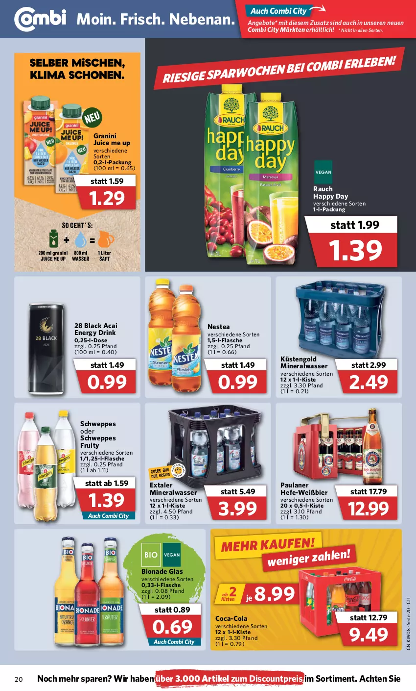 Aktueller Prospekt Combi - Prospekte - von 21.02 bis 26.02.2022 - strona 20 - produkty: Alwa, angebot, angebote, bier, bio, bionade, coca-cola, cola, discount, drink, eis, energy drink, Extaler, flasche, granini, Happy Day, Hefe, küstengold, lack, mineralwasser, Nestea, Paula, paulaner, Rauch, reis, schweppes, Ti, wasser